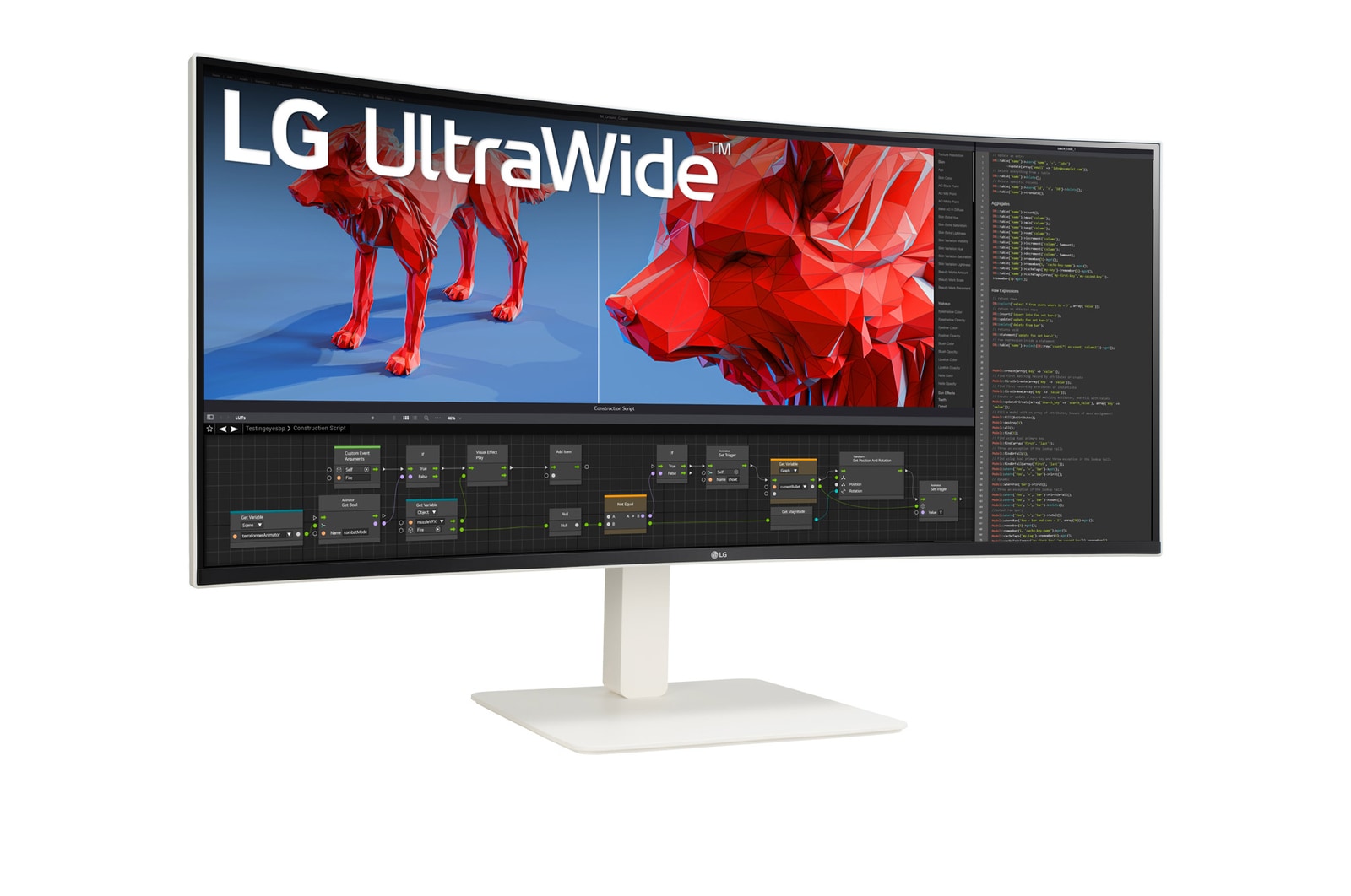 LG 38WR85QC-W Monitor előlnézetben talpon, enyhén jobbra fordítva. Videó vágás és coding munkamenet.