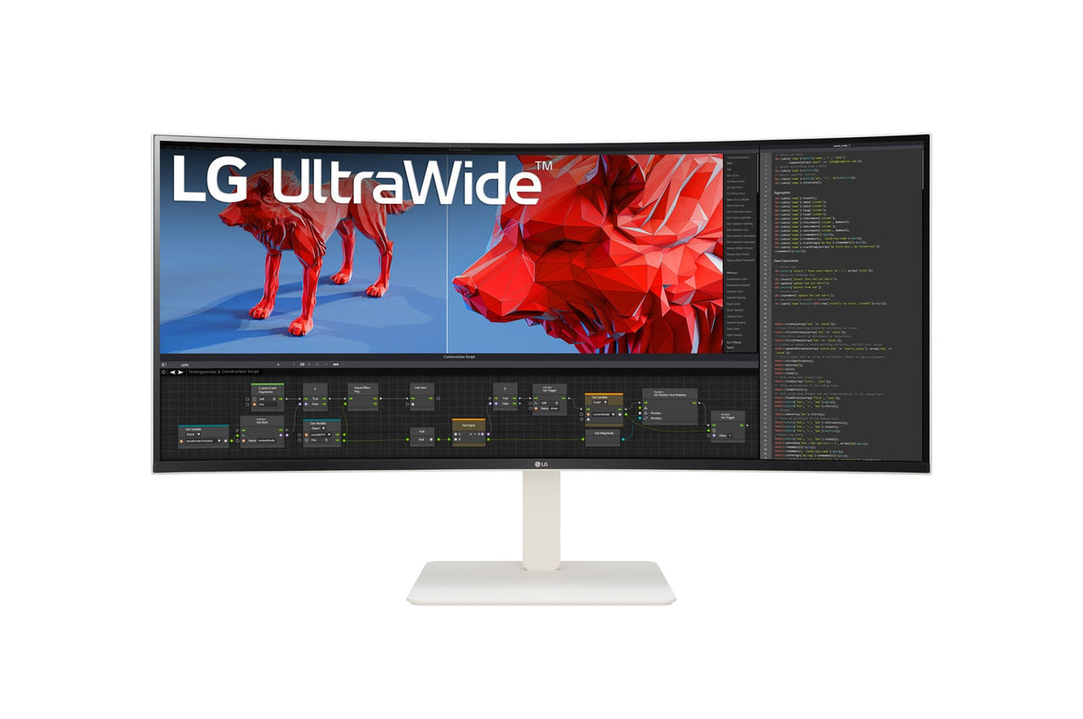 LG 38WR85QC-W Monitor előlnézetben talpon. Videó vágás és coding munkamenet.