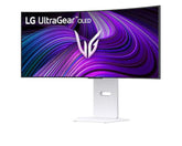 LG 39GX90SA-W monitor előlnézetben talpon, enyhén balra fordítva. A képernyőn lg ultragear oled logó és kékes lila absztrakt ábra.