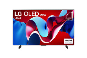 LG 42C4 OLED Televízió előlnézetben talpon. A kijelzőn kékes piros absztakrt ábra.