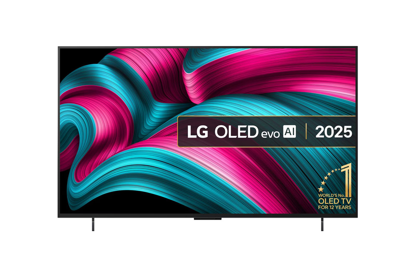 LG 42C5 OLED Televízió előlnézetben, talpon. A kijelzőn lg oled evo avi logó és 12 éve az első számú gyártó.