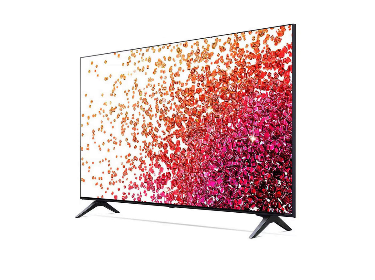 LG 43NANO753PA 4K Smart TV előlnézetben enyhén balra fordítva, talpon. A kijelzőn sárgás piros ékkövek szétszórva.