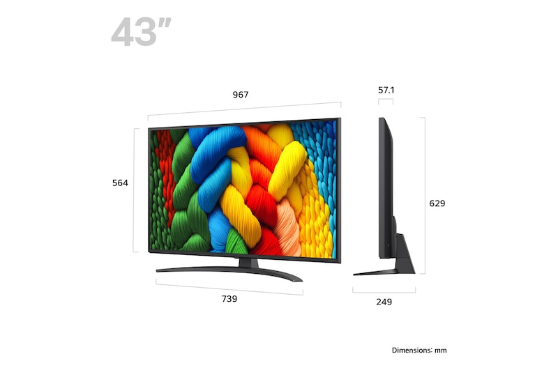 LG 43NANO81A televízió méretei mm-ben.