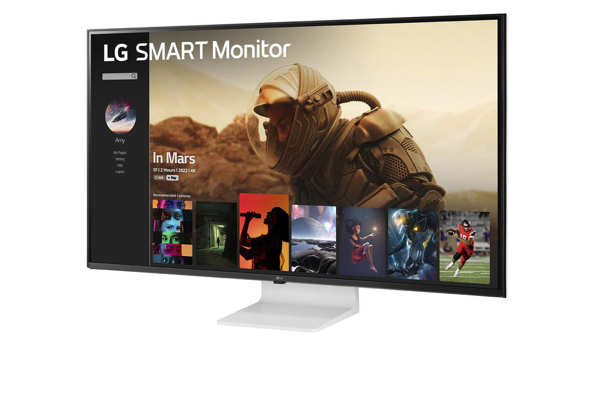 LG 43SQ700S Smart Monitor előlnézetben enyhén balra fordítva, talpon. A kijelzőn netflix applikáció menü.