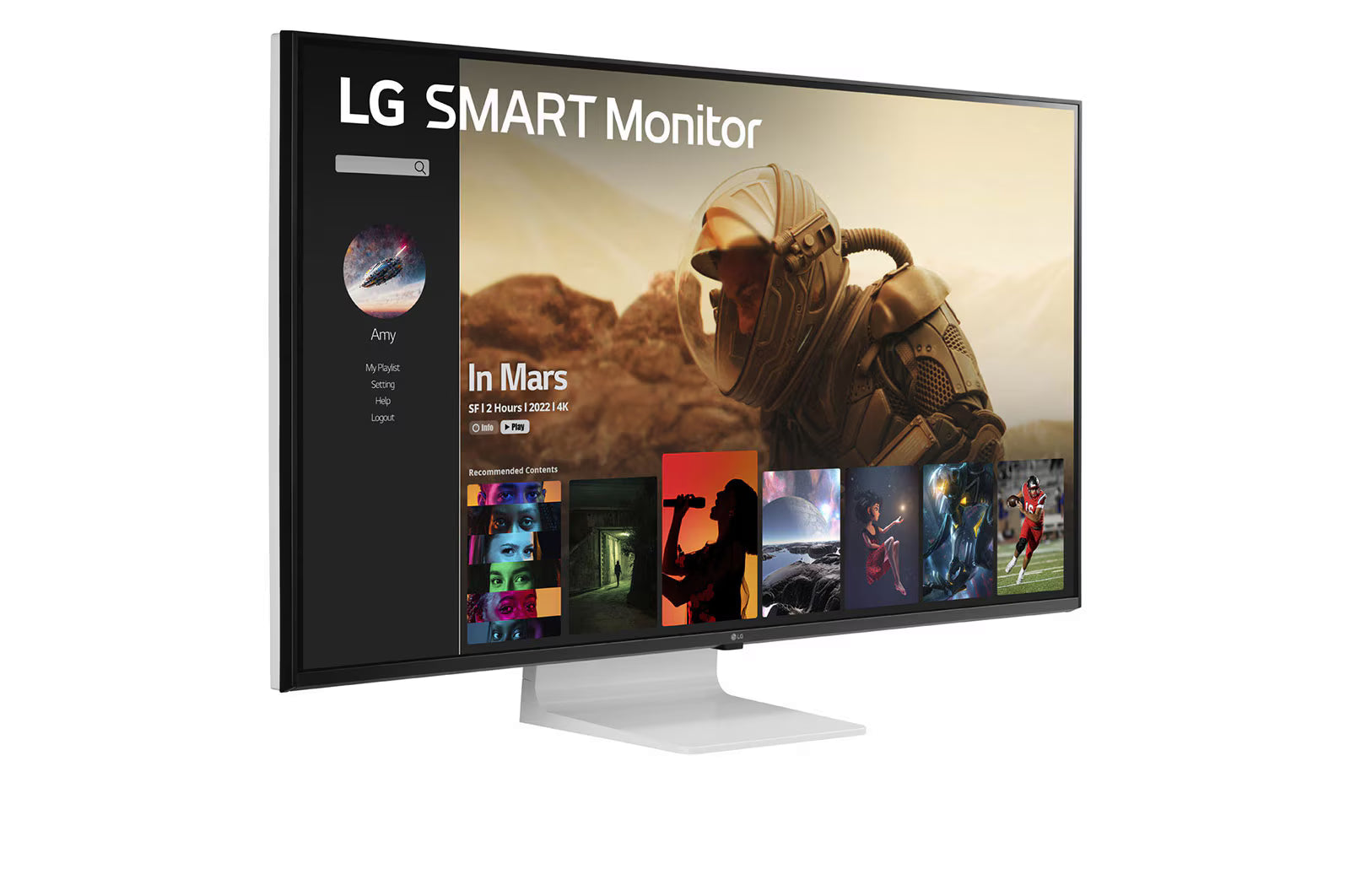 LG 43SQ700S Smart Monitor előlnézetben jobbra fordítva, talpon. A kijelzőn netflix applikáció menü.