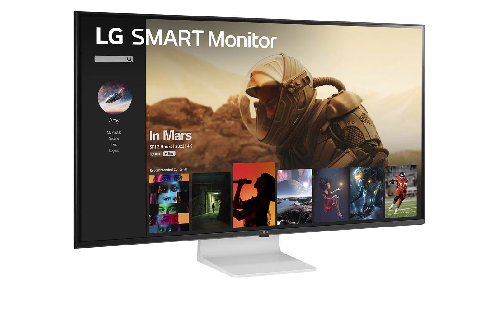 LG 43SQ700S Smart Monitor előlnézetben enyhén jobbra fordítva, talpon. A kijelzőn netflix applikáció menü.