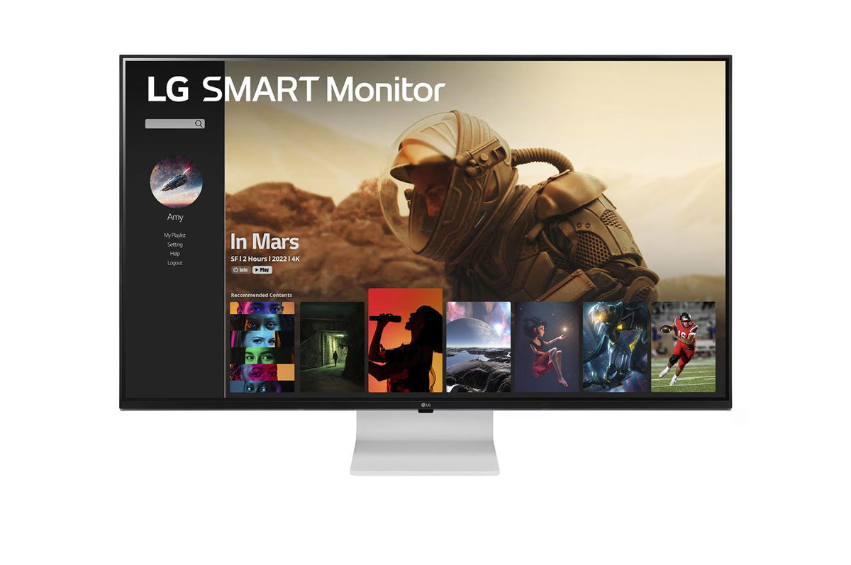 LG 43SQ700S Smart Monitor előlnézetben talpon. A kijelzőn netflix applikáció menü.