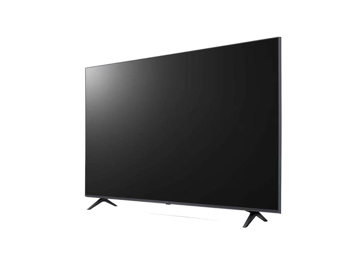 LG 43UP7600 4K Smart TV előlnézetben enyhén balra fordítva, talpon.