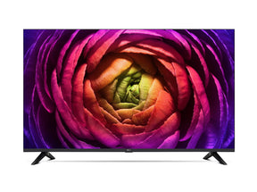 LG 43UR7400 Smart TV előlnézetben, talpon. A kijelzőn színes rózsavirággal.