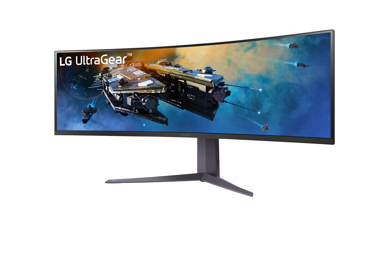 LG 45GR65DC Monitor előlnézetben enyhén balra fordítva, talpon. A kijelzőn űrhajók lépnek a légtérbe és ultragear logó.