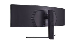 LG 45GR75DC Monitor hátulnézetben, talpon enyhén balra fordítva.