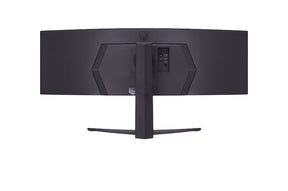 LG 45GR75DC-B Monitor hátulnézetben, talpon.