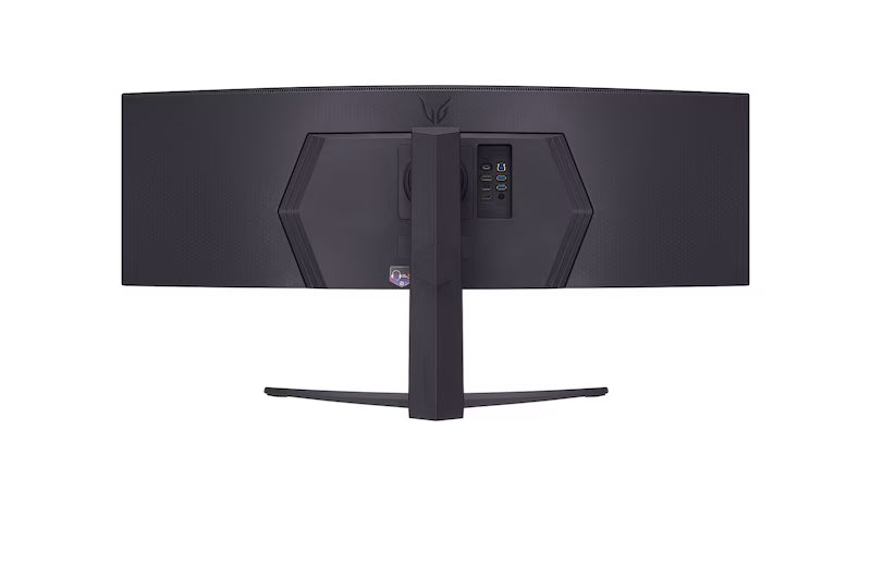 LG 45GR75DC-B Monitor hátulnézetben, talpon.