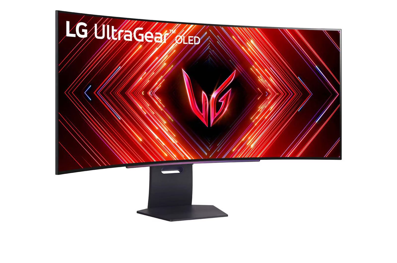 LG 45GS95QE Monitor előlnézetben talpon, enyhén jobbra fordítva. A kijelzőn lg ultragear logő és élénk piros-kék absztrakt ábra.