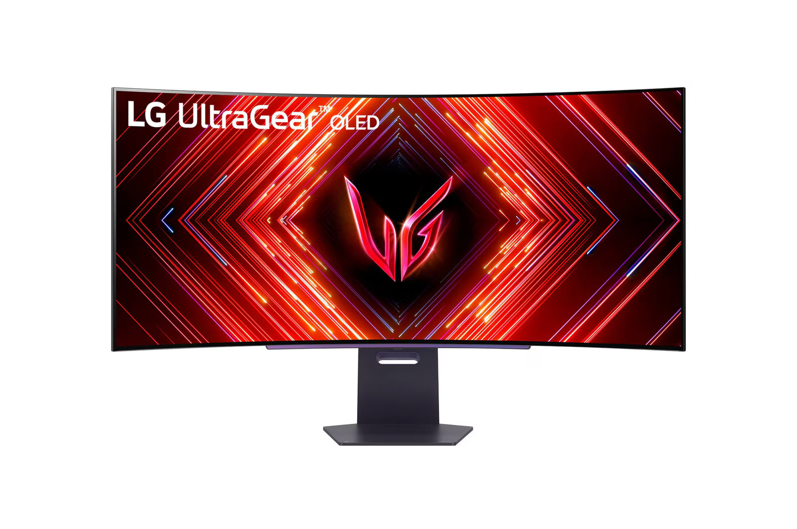 LG 45GS95QE Monitor előlnézetben talpon. A kijelzőn lg ultragear logő és élénk piros-kék absztrakt ábra.