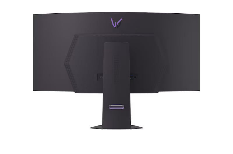 LG 45GX900A-B monitor hátulnézetben talpon, rgb világítás kikapcsolva.