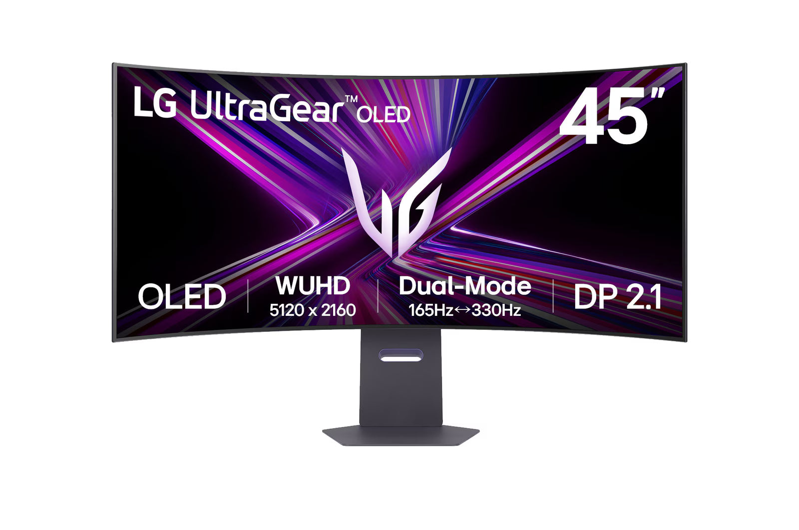 LG 45GX950A-B monitor előlnézetben talpon. A képernyőn lg ultragear oled logó és rózsaszín lilás absztrakt ábra.