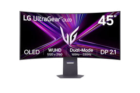LG 45GX950A-B monitor előlnézetben talpon. A képernyőn lg ultragear oled logó és rózsaszín lilás absztrakt ábra.