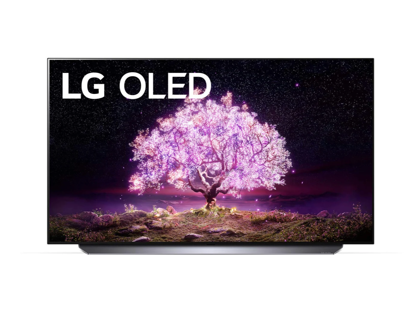 LG 48C1 OLED televízió előlnézetben talpon, a kijelzőn csillagos égbolt és rózsaszínben világító fa, oled logóval.