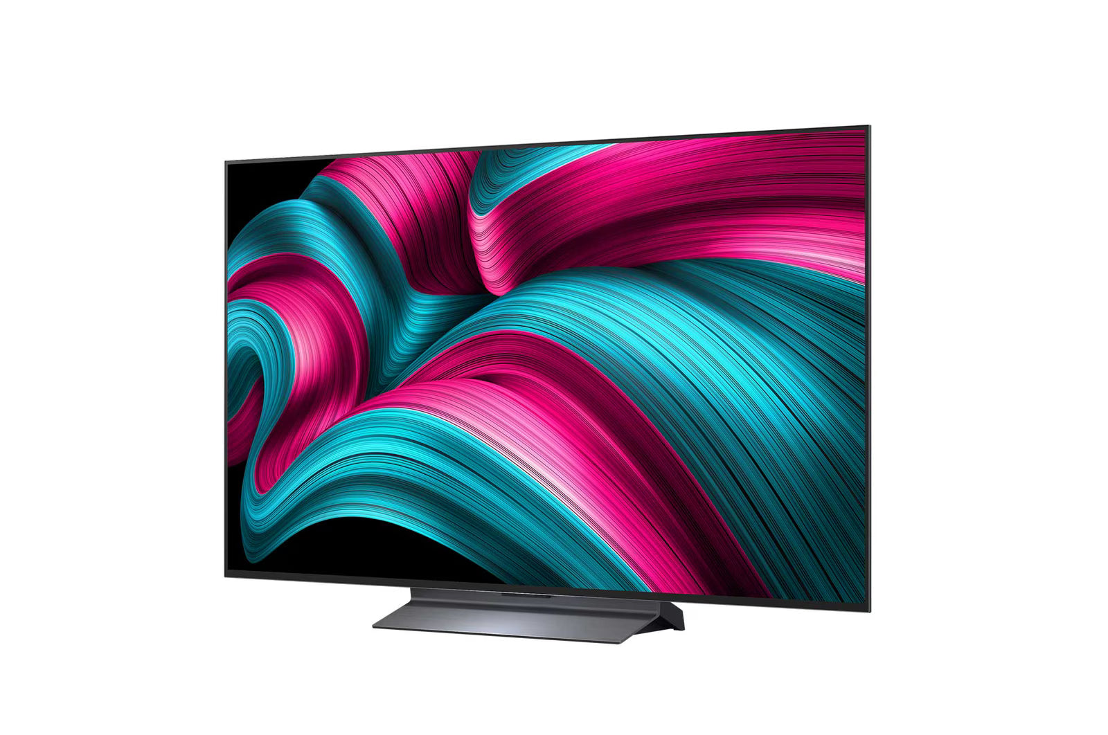 LG 48C5 OLED Televízió előlnézetben, talpon. A kijelzőn pirosas kék absztrakt ábrák.