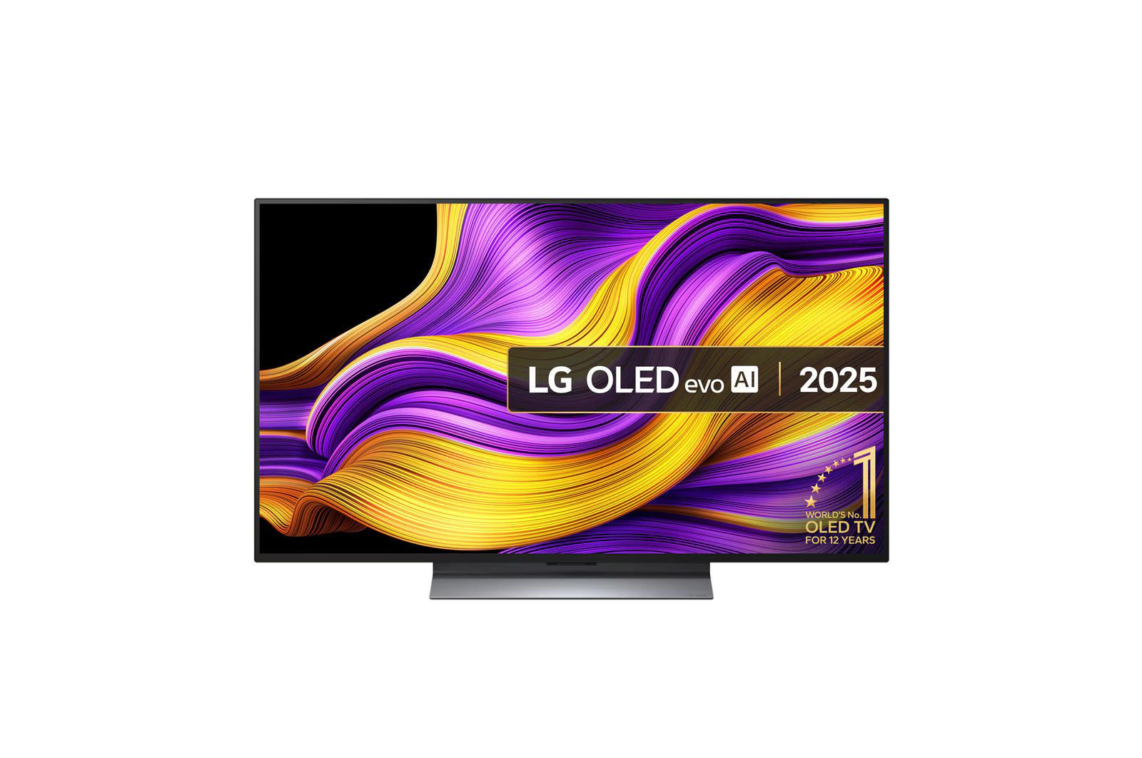 LG 48G5 OLED Televízió előlnézetben, talpon. A kijelzőn lg oled evo ai logó és 12 éve az első számú oled gyártó.