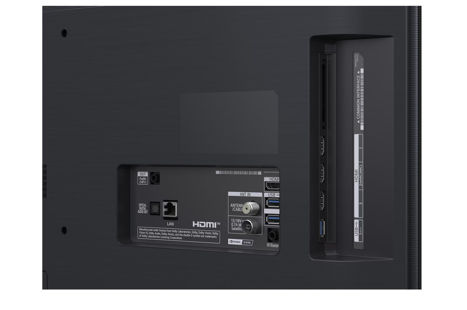 LG 48G5 OLED Televízió talppas változat csatlakozó felületei és portjai.