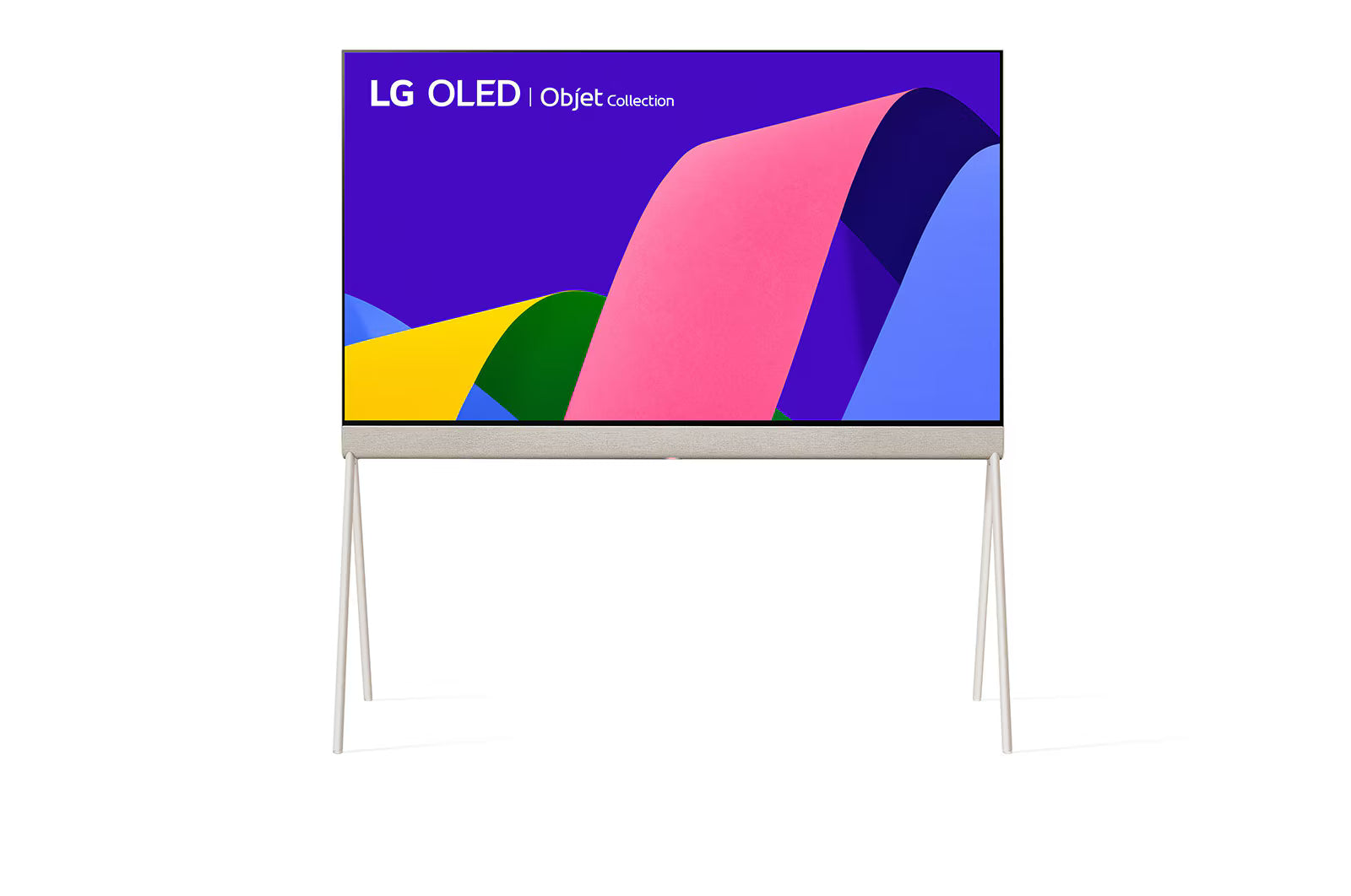 LG 48LX1 OLED televízió előlnézetben, talpon. A kijelzőn művészi rózsaszínes kék művészi ábra és lg oled object collection logó.