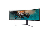 LG 49GR85DC-B Monitor előlnézetben talpon, enyhén balra fordítva. A kijelzőn LG ultragear logó és űrhajó flotta.