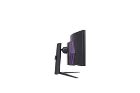 LG 49GR85DC-B Monitor oldalnézetben talpon. RGB világítás bekapcsolva.
