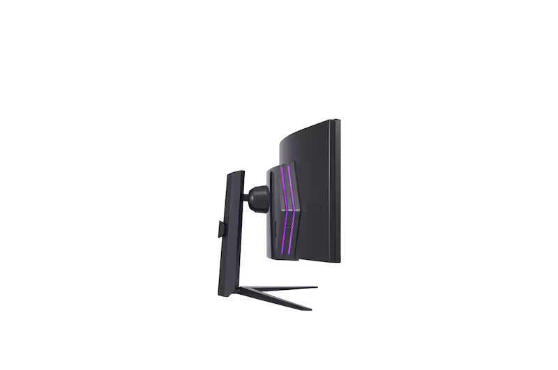 LG 49GR85DC-B Monitor oldalnézetben talpon. RGB világítás bekapcsolva.