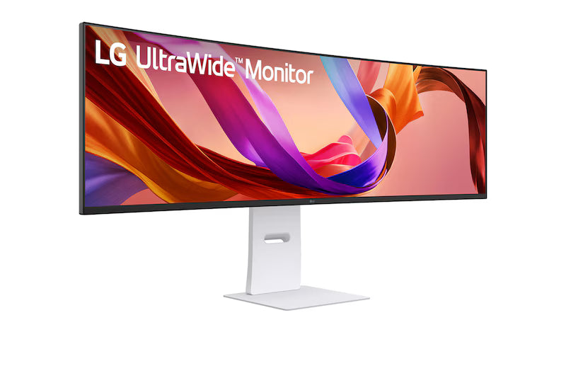 LG 49U950A-W Monitor előlnézetben talpon, enyhén jobbra fordítva. A kijelzőn ultrawide monitor logó és színes selyemszalagok.