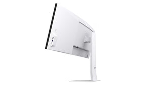 LG 49U950A-W Monitor oldalnézetben, enyhén felfelé nézve, talpon. 