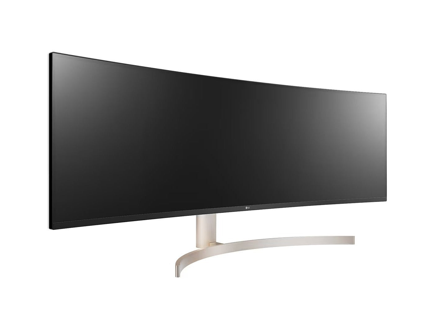 LG 49WL95C-W UltraWide 32:9 monitor előlnézetben talpon, jobbra fordítva.