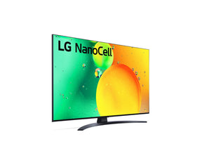 LG 50NANO763QA 4K NanoCell Smart TV előlnézetben jobbra fordítva, talpon. A kijelzőn zöld-sárga folyadék keveredik és lg nanocell logó.