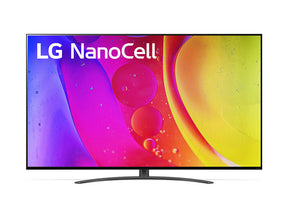 LG 50NANO823QB 4K NanoCell Smart TV előlnézetben, talpon. A kijelzőn színes folyadék keveréke és lg nanocell logó.