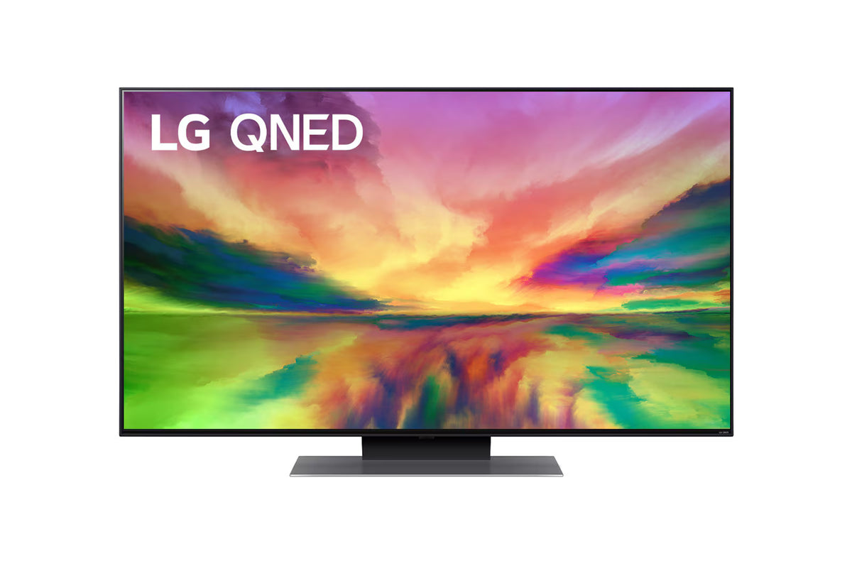 LG 50QNED813RE Televízió előlnézetben talpon. A kijelzőn színes festmény szerű ábra és lg qned logó.