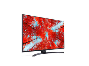 LG 50UQ9100 4K Smart TV előlnézetben jobbra fordítva, talpon. A kijelzőn piros őszi erdő és lg uhd thinq ai logó.