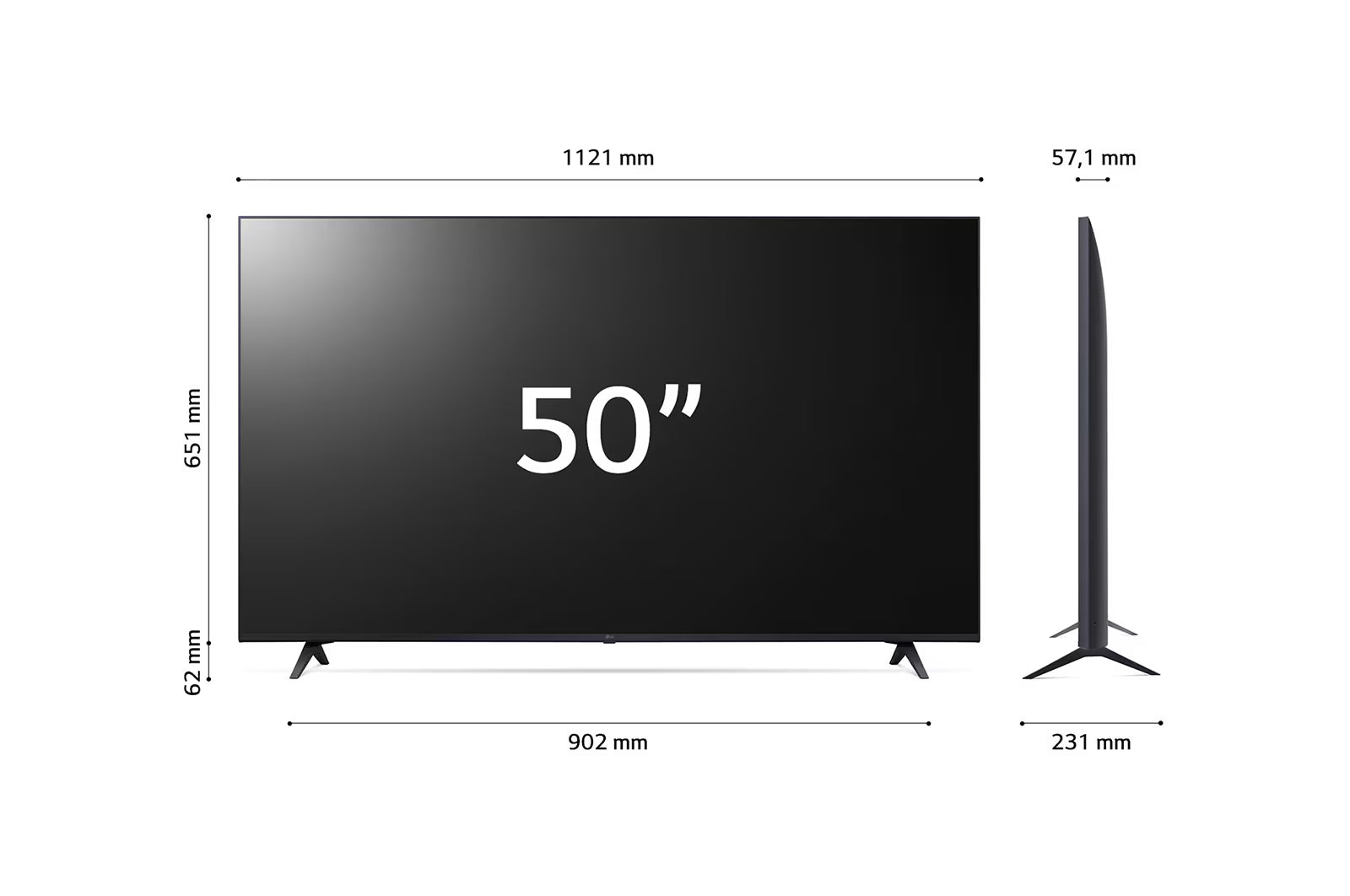 LG 50UR8000 4K Smart TV méretei mm-ben.