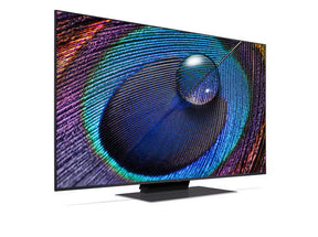 LG 50UR9100 4K Smart TV előlnézetben talpon, jobbra fordítva. A kjielzőn pasztel színes virág és vízcsepp.