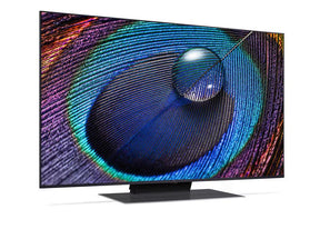 LG 50UR9100 4K Smart TV előlnézetben talpon, enyhén jobbra fordítva. A kjielzőn pasztel színes virág és vízcsepp.