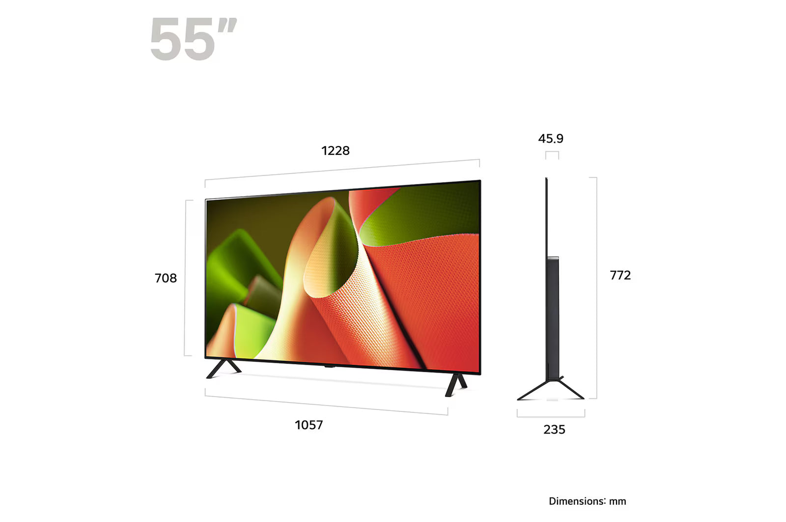 LG 55B4 OLED Televízió méretei mm-ben.