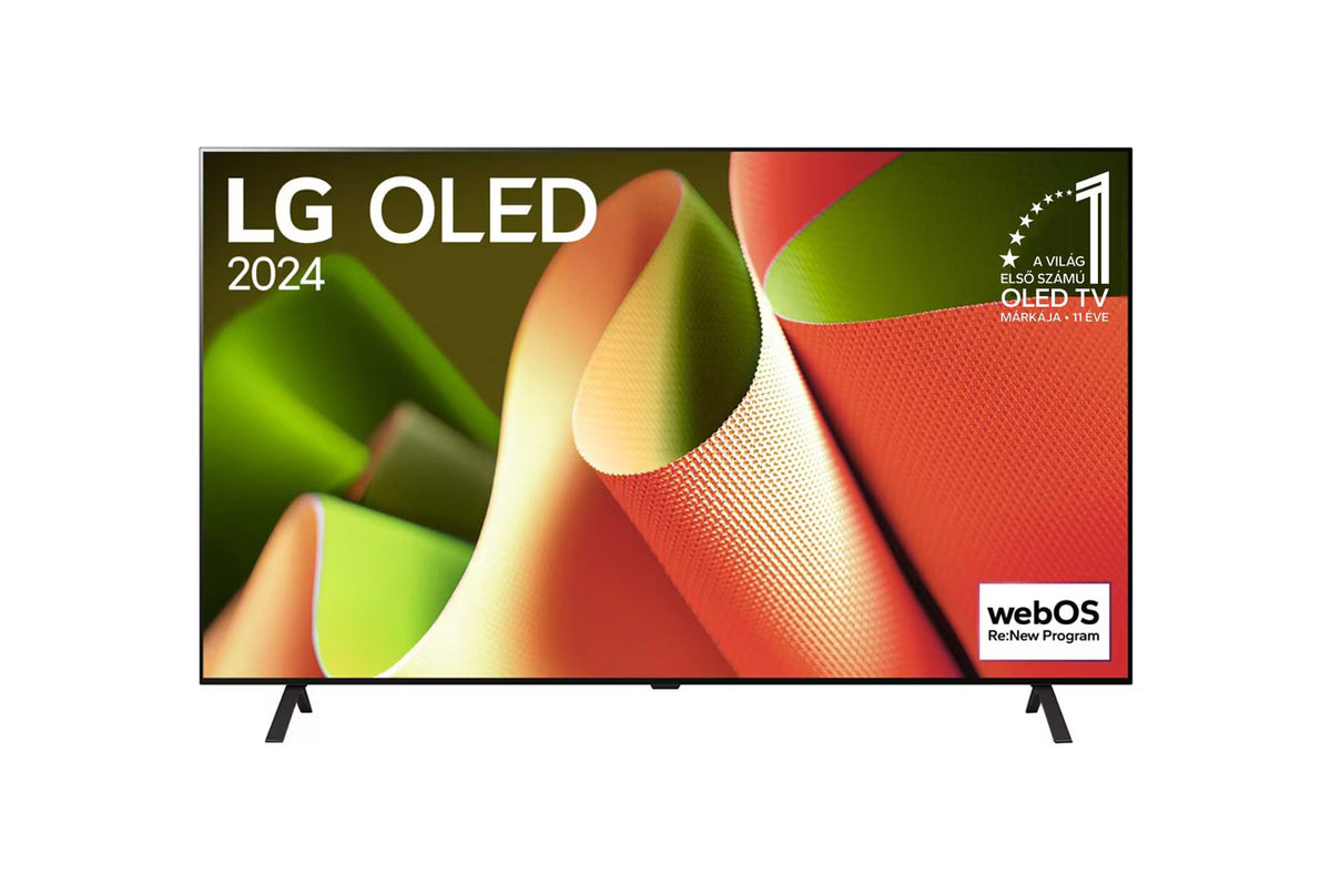 LG 55B4 OLED Televízió előlnézetben talpon. A kijelzőn zöldes rózsaszín absztrakt ábra és lg logók.