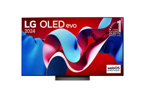 LG 55C4 OLED Televízió előlnézetben talpon. A kijelzőn kékes piros absztakrt ábra.