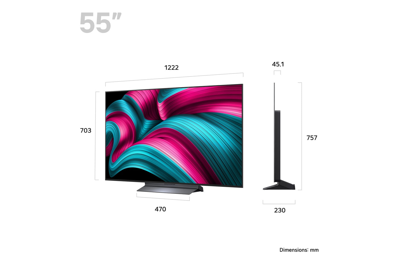 LG 55C5 OLED Televízió méretei mm-ben.