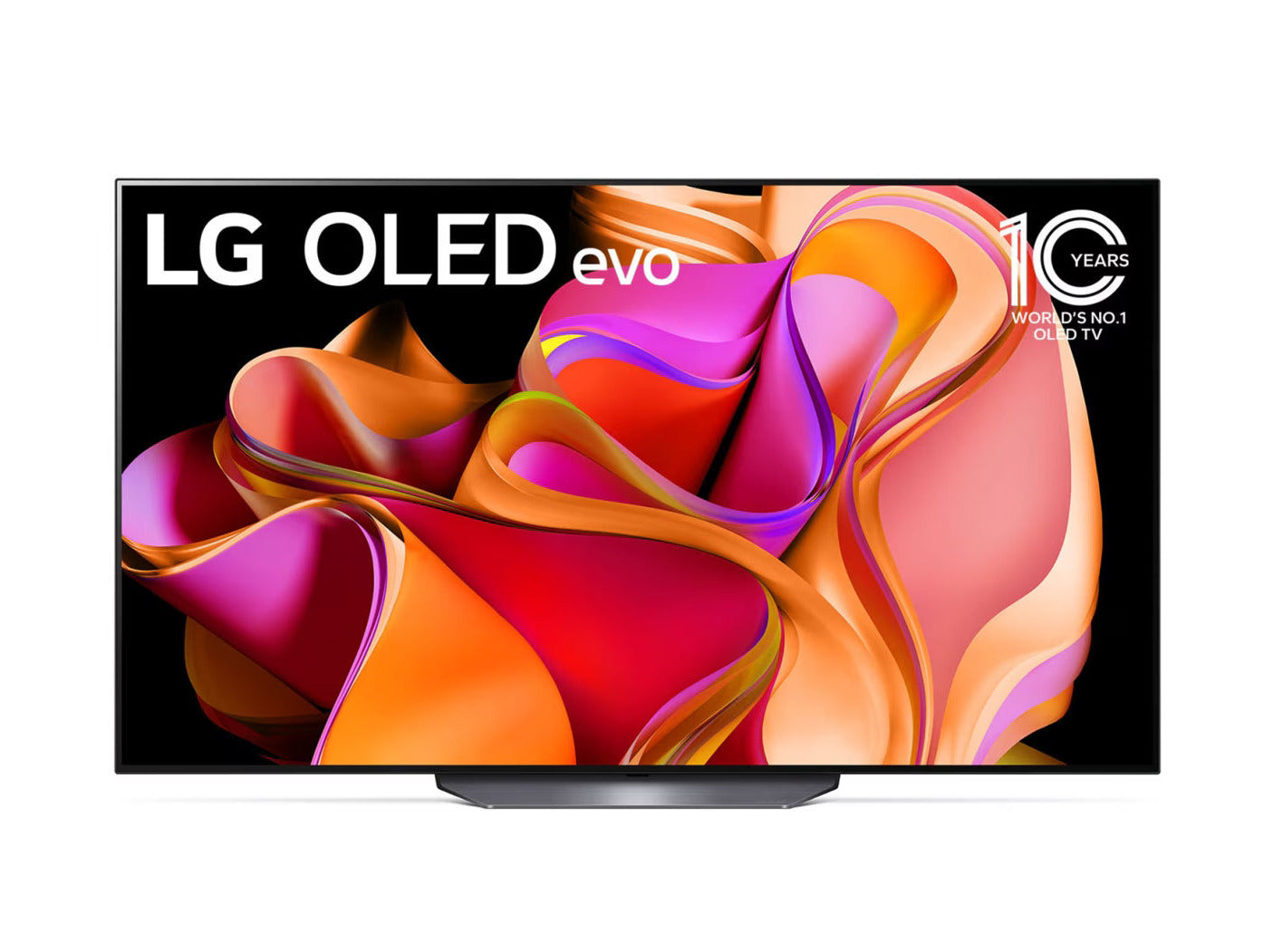 LG 55CS3VA OLED Evo televízió előlnézetben, talpon. A kijelzőn narancssárgás absztrakt ábra és lg oled logó.