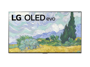 LG 55G1 televízió előlnézetben lg oled evo logóval, a kijelzőn festmény tájképpel.