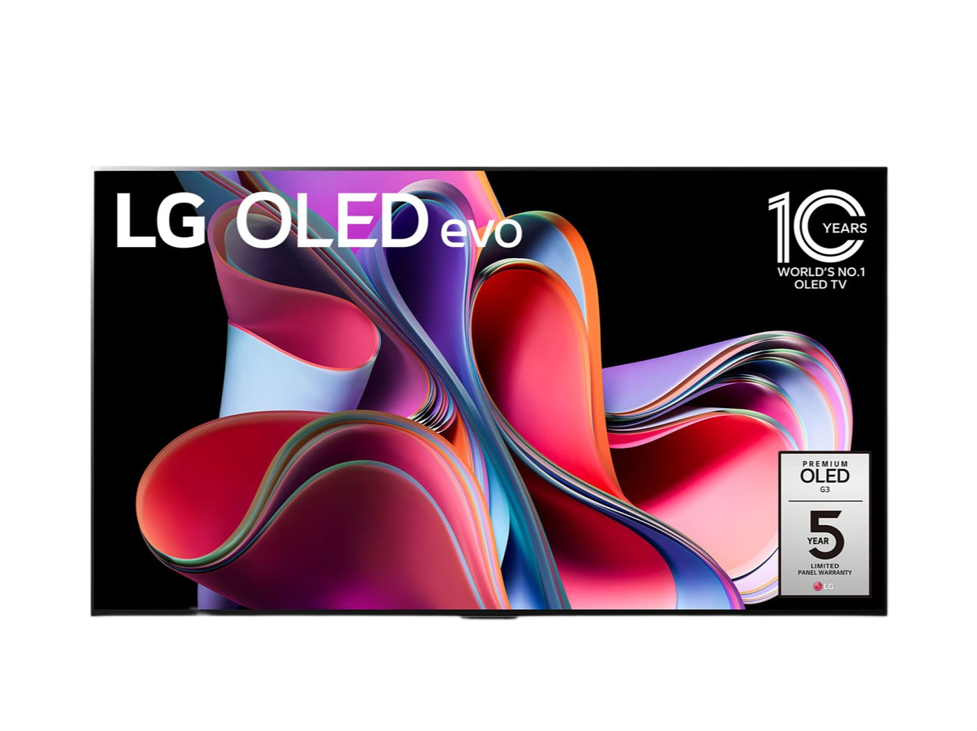 LG 55G3 OLED evo televízió előlnézetben, a kijelzőn lilás piros absztrakt ábra.