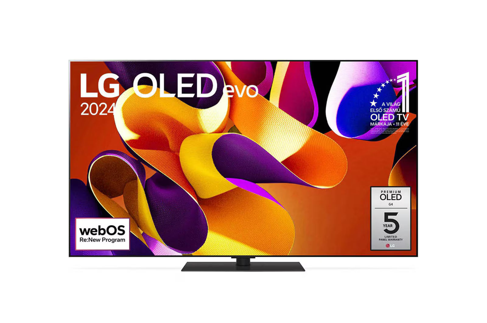 LG 55G4 OLED Televízió előlnézetben talpon. A kijelzőn lilás sárga absztakrt ábra lg logókkal.