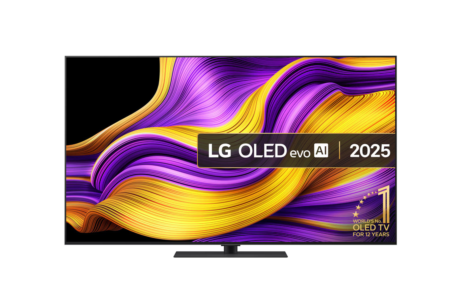 LG 55G5 OLED Televízió előlnézetben, talpon. A kijelzőn lg oled evo ai logó és 12 éve az első számú oled gyártó.