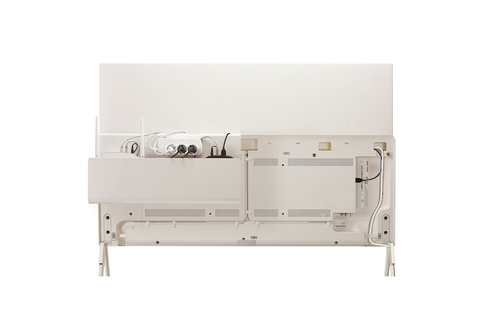 LG 55LX1 OLED televízió hátulnézetben, teljes felszereltséggel, kábelmenedzsment és elosztók.